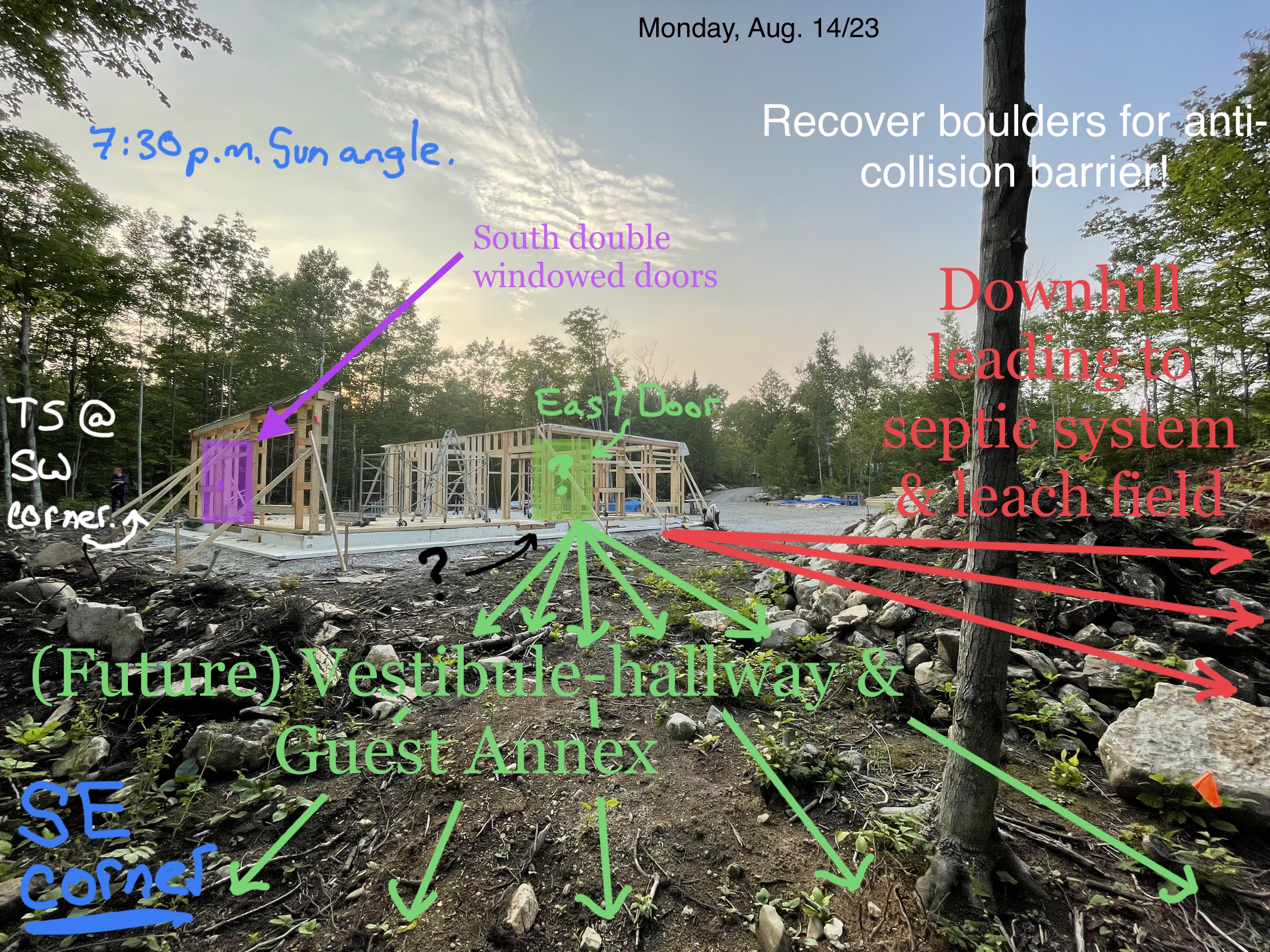 South-East corner of the build site; PN labelled on top of the image with his interpretations; Evolve Builders Group has the OFFICIAL CONSTRUCTIONS PLANS.