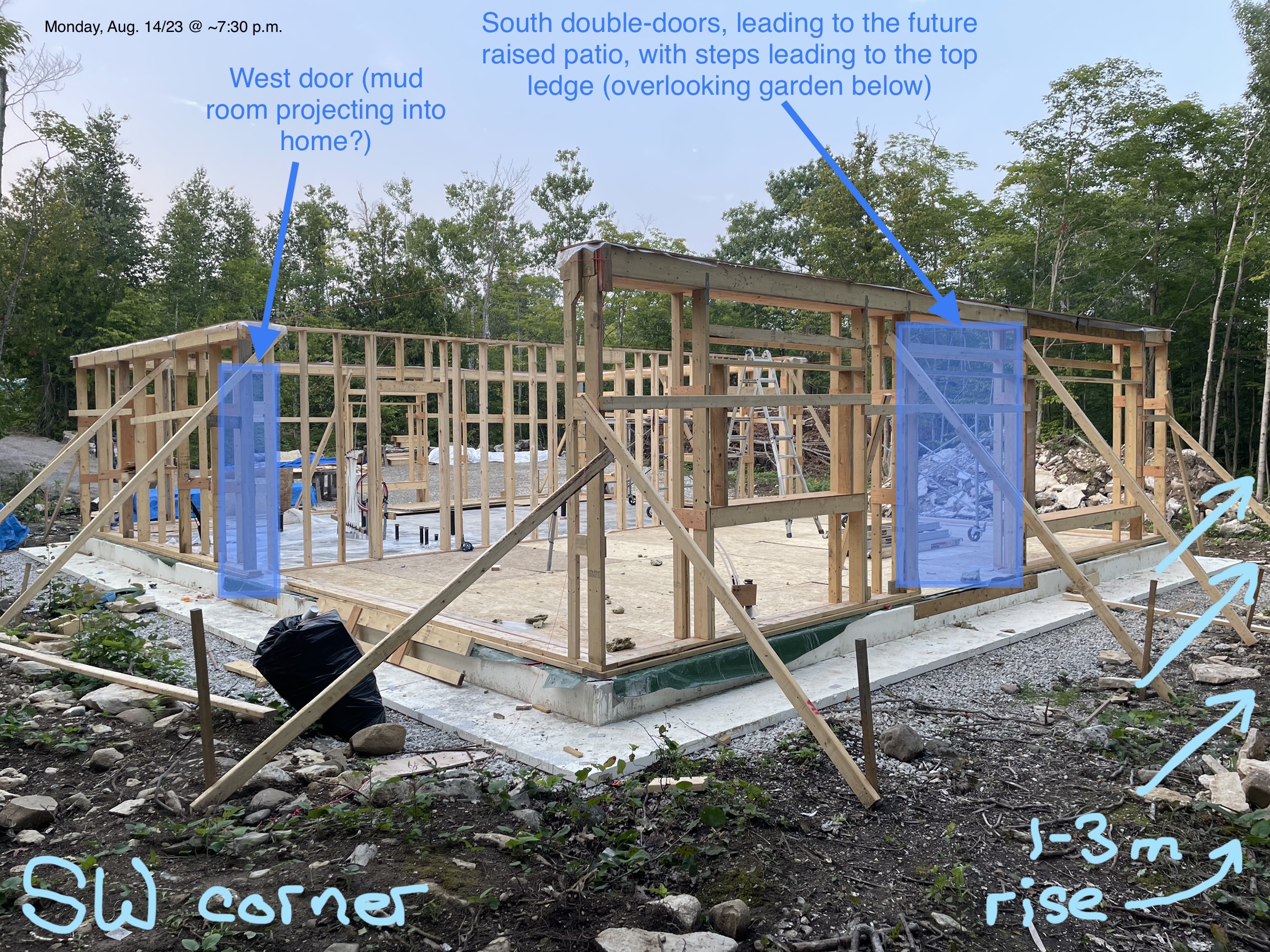 South-West corner of the build site; PN labelled on top of the image with his interpretations; Evolve Builders Group has the OFFICIAL CONSTRUCTIONS PLANS.