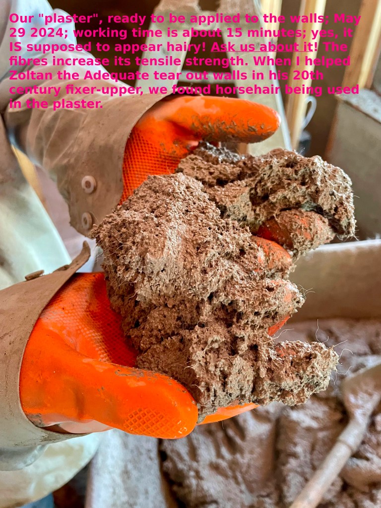 This picture is a close-up of the wet plaster-cement. It is being held by a trade-person, using rubber gloves. Its components can harm skin.