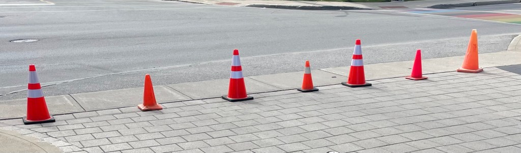 an odd arrangement of pylons at the owen sound farmer's market