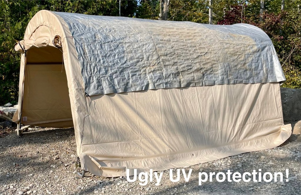 spare tarp draped over shelterlogic roof to prolong its lifespan