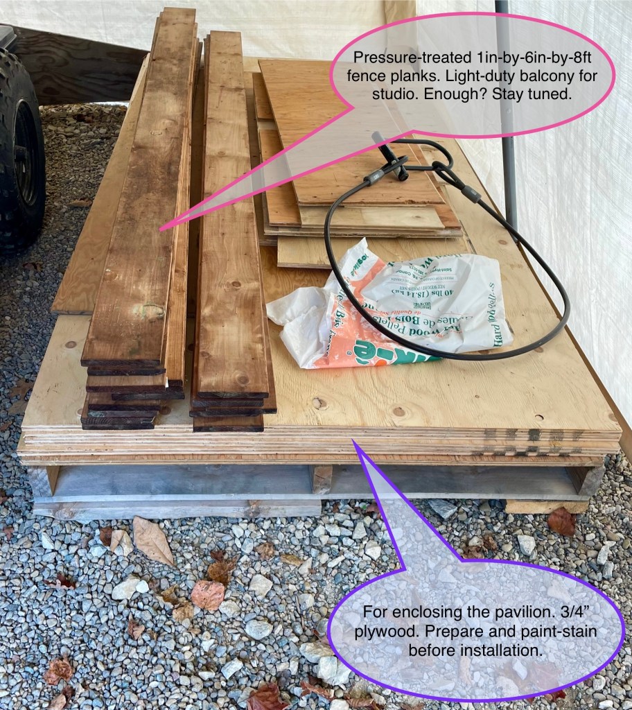 Studio patio flooring, plywood for pavilion enclosure, scrap lumber for reuse in our Shelterlogic.