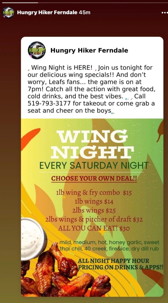 Advertisement for the Hungry Hiker restaurant, in Ferndale Ontario.