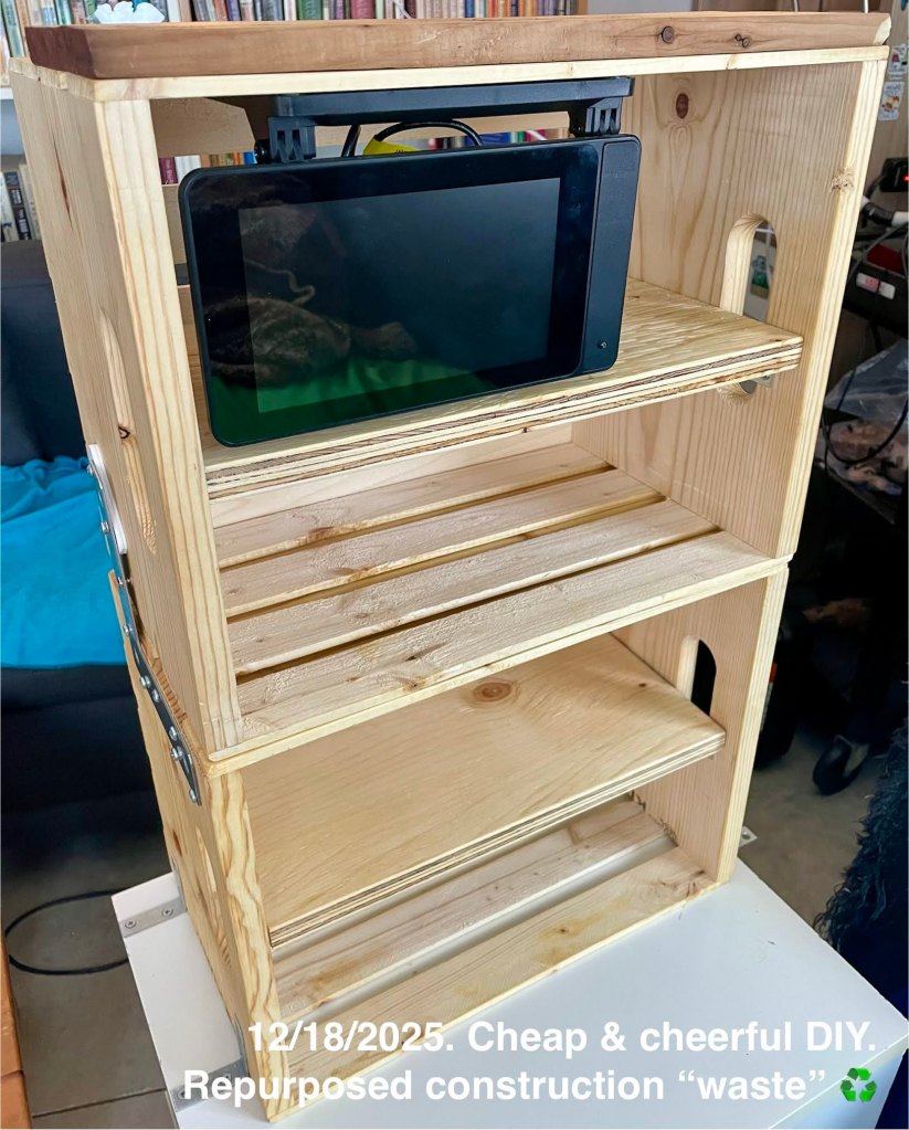 Oversized brackets used to anchor the crates together. Those plywood offcuts took linseed oil and darkened up somewhat.