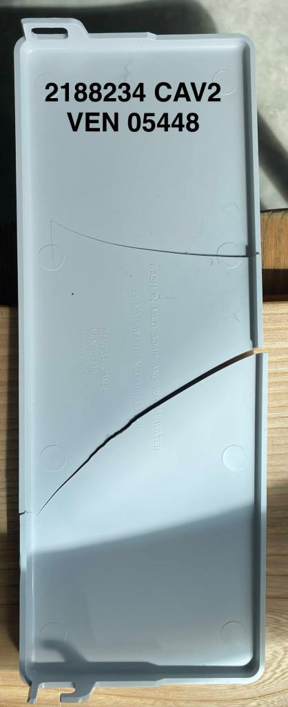 A broken piece of shelving from our 2024 Whrilpool appliance. Why did it fail?!