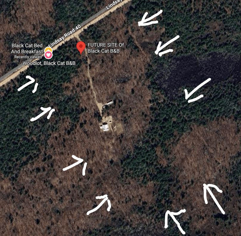 An aerial photograph showing the property's hand-cut lines.