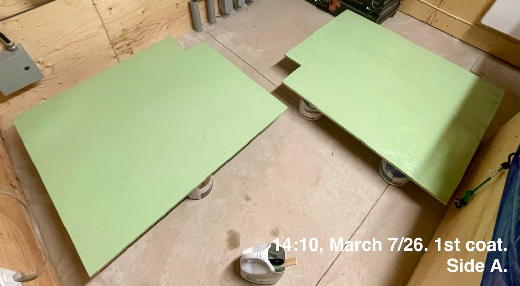 painted panels raised off the ground to aid in air circulation