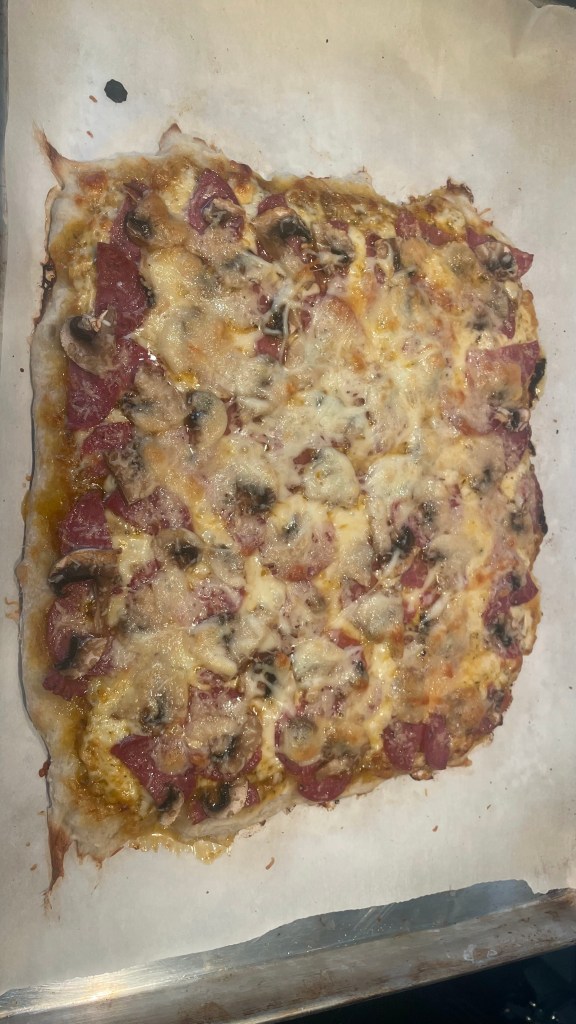 a salty and flavourful pizza; cook the crust more