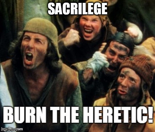 This is a joke about how people can hate a person who takes an unpopular view; this is a movie still from a Monty Python creation called The Quest For The Holy Grail.